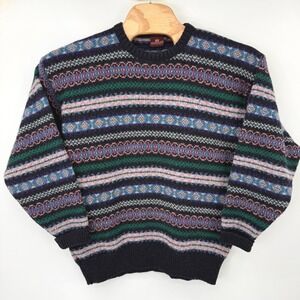Nordstrom Sweater Women Large Navy Multi Fair Isle 100% Shetland Wool Scotland